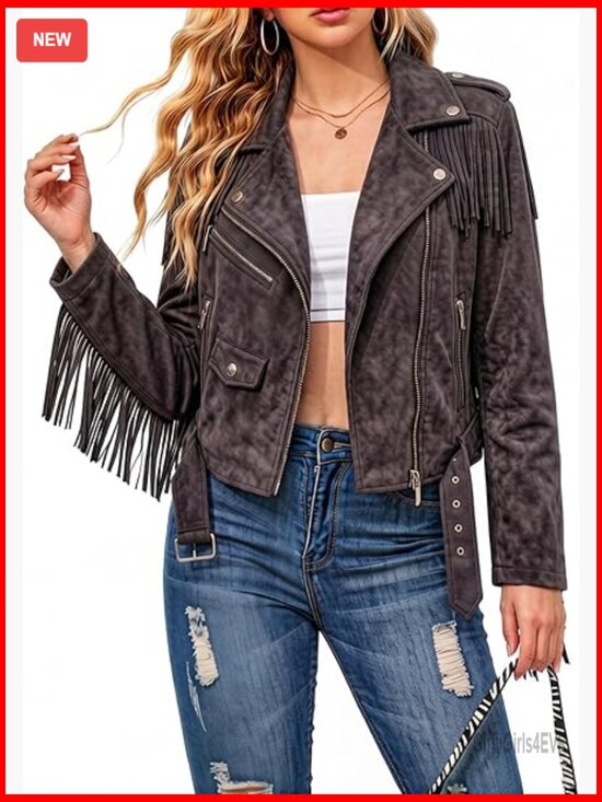 Jackets & Blazers - Faux Leather Moto Jacket with Tassel Trim and Adjustable Belt
